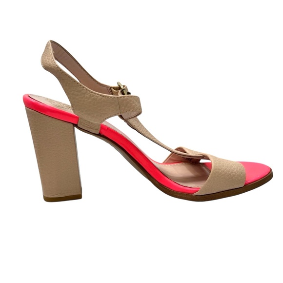 VINCE CAMUTO BEIGE & HOT PINK NOVASI BLOCK HEEL T STRAP SANDAL - Picture 9 of 16